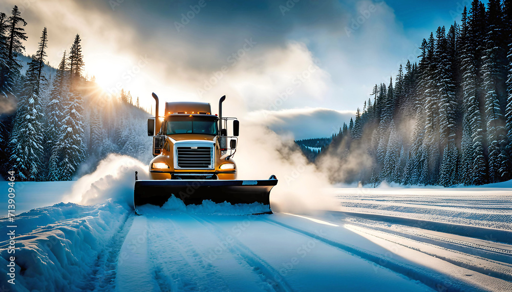 Professional snow removal in winter, a large professional snow blower clears the road of snow and ice, Professional snow removal in winter, a large professional snow blower clears the road of snow and ice,
