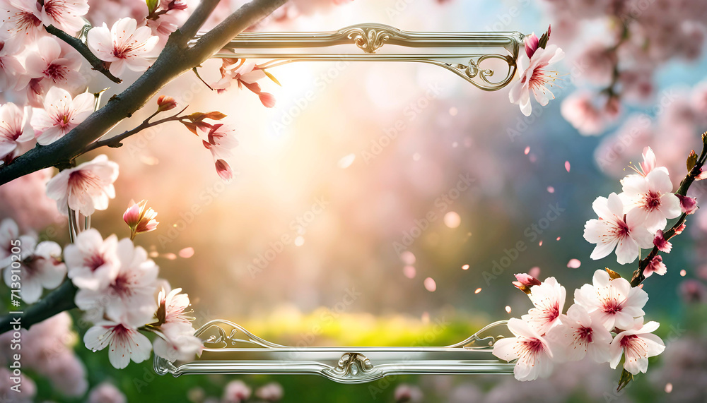 Delicate spring frame of sakura flowers on an elegant background with bokeh, spring sakura banner for design and congratulations, Delicate spring frame of sakura flowers on an elegant background with bokeh, spring sakura banner for design and congratulations,