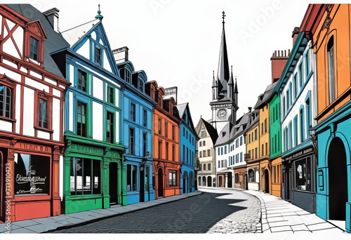 Vector illustration of old streets, beautiful city landmarks of the Victorian era, isolated on a white background, graphic ink drawing,