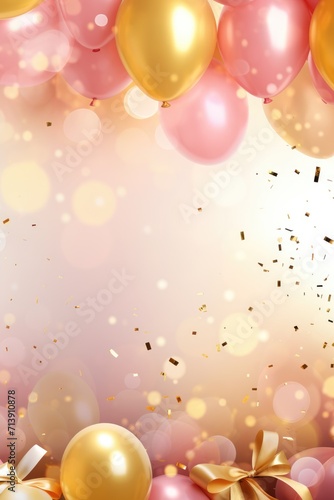 Holiday background with balloons and confetti. Celebration, party, birthday greeting card idea