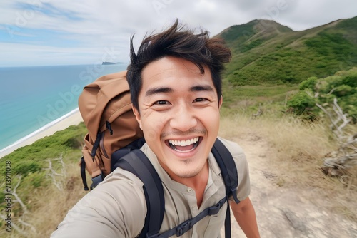Asian Young man with a backpack taking a selfie on a mountain and beach