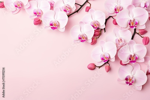 White Phalaenopsis orchid flowers on pink background. Tropical flower close up. Pink orchid background for holiday  Women s Day  beauty.