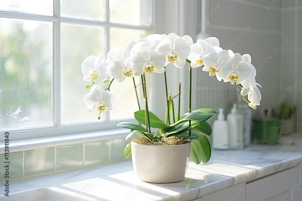 White Phalaenopsis or moth orchid on bathroom windowsill, white blooms ...