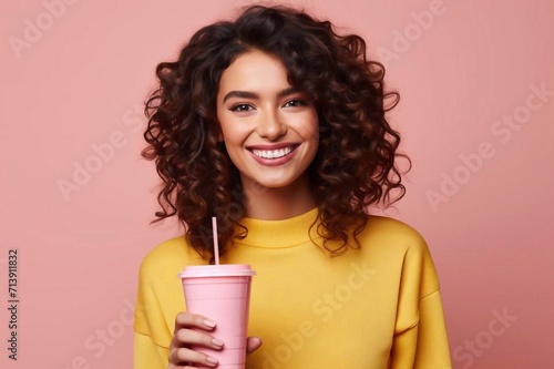 Photo of hooray brunette hair millennial lady hold pop corn soda wear eyewear pink sweater isolated on yellow color background photo