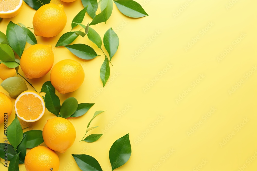Fruit composition with oranges lemon and green leaves on yellow background Minimal concept Flat lay top view copy space Fruit composition with oranges lemon and green leaves on yellow background Minimal concept Flat lay top view copy space