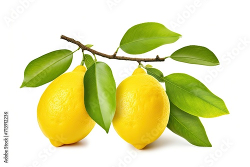 Isolated branch with two lemons and leaves on white background Clipping path included