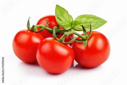 Isolated, white background with cherry tomatoes and basil leaves