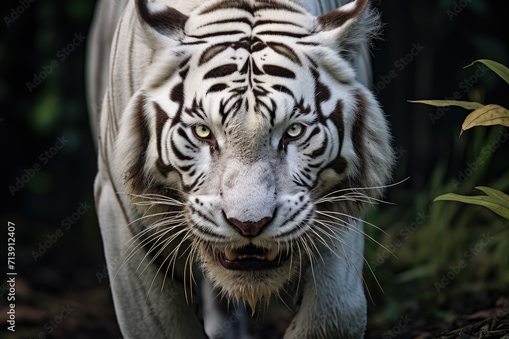 Front view photo of angry white tiger in forest background