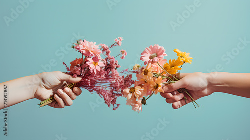 Two hands holding out flowers to each other on a monochrome background © Abzal