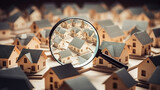 buy new home. Searching new house for purchase. Rental housing market. Magnifying glass near residential building