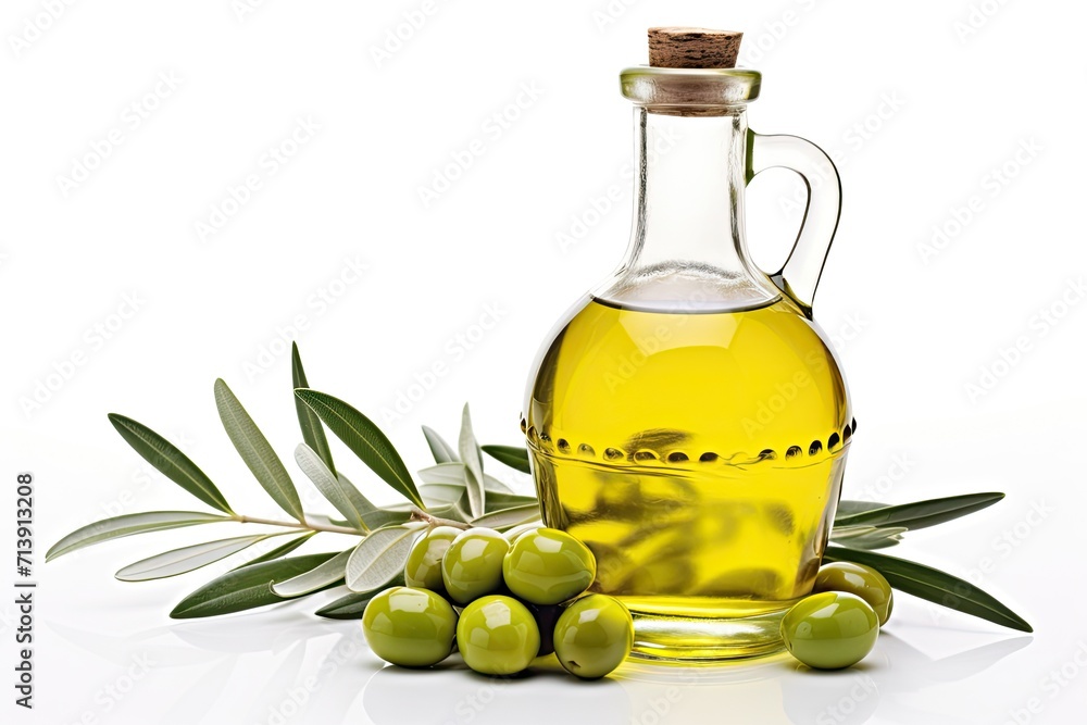 Isolated glass bottle with green olives and olive oil on white background Isolated glass bottle with green olives and olive oil on white background
