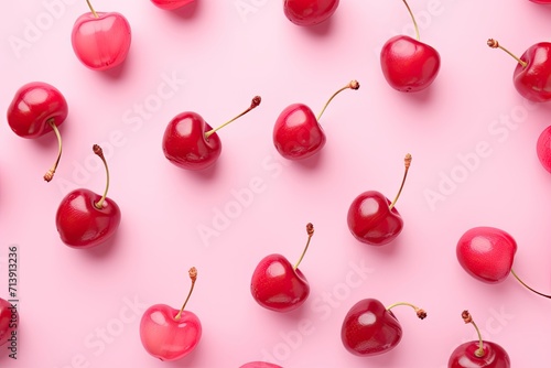 Red cherry on pink background ripe berries as background Flat lay top view copy space photo