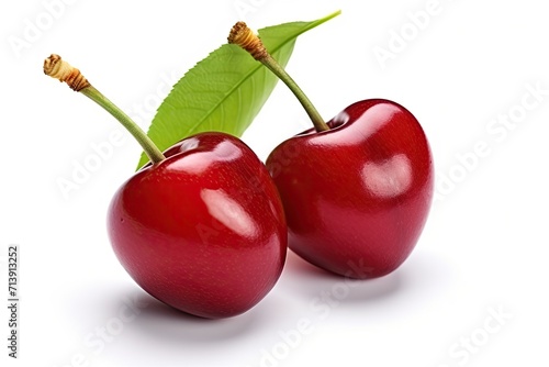 Cherries alone Pair of cherries with leaf on plain white Sour cherry on white With path to remove Clear focus