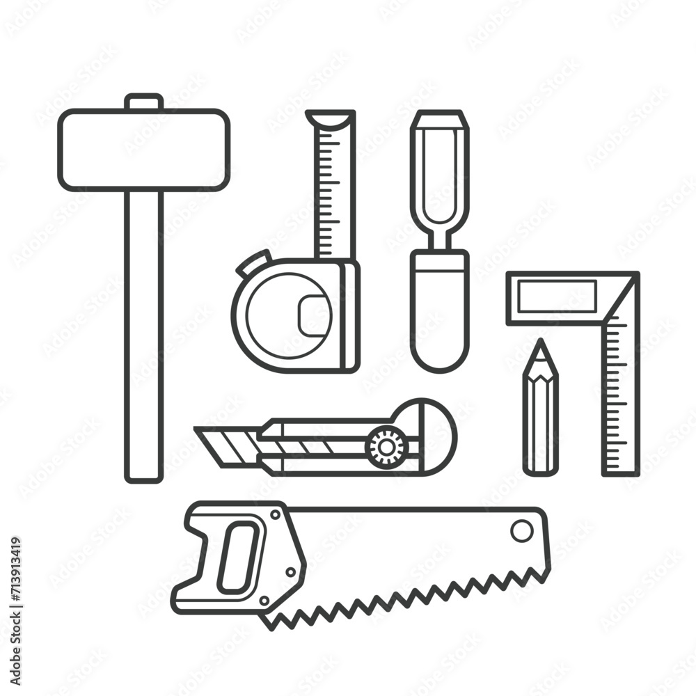 Obraz premium Simple cartoon carpentry and construction tools for home equipment and maintenance outline vector design art