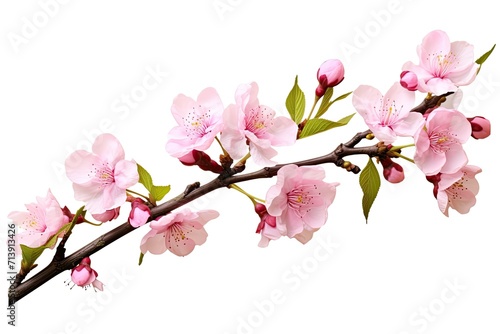 Isolated spring cherry blossom branch with pink flowers on white background