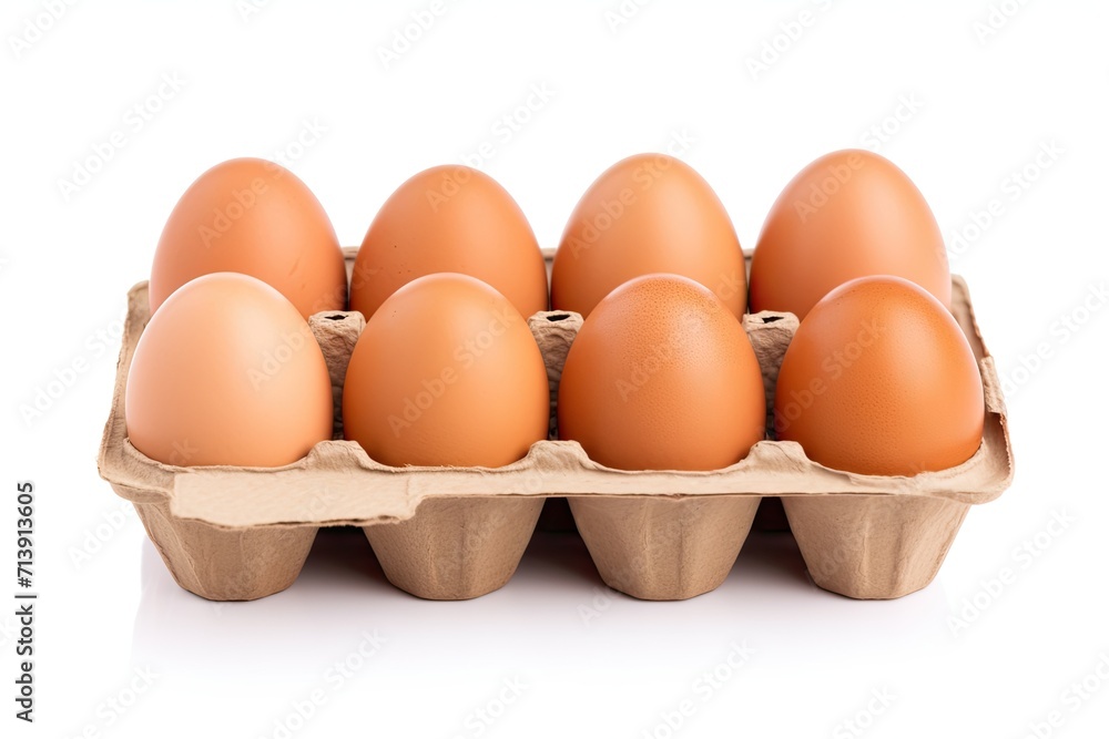 Ten brown eggs in an isolated box on a white background Fresh organic chicken eggs in a carton with room for text