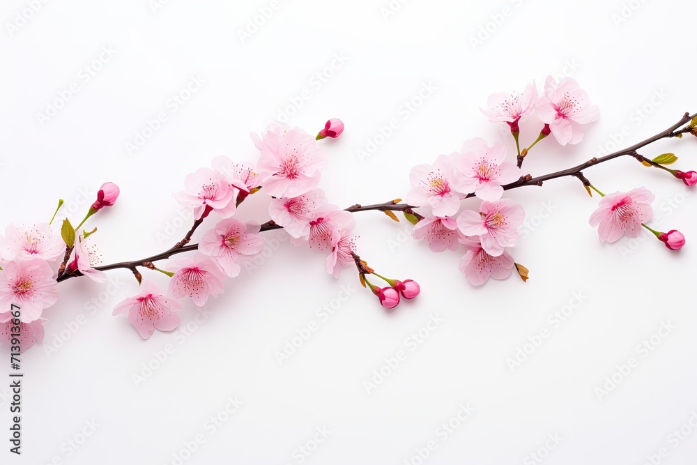 Isolated branch of Sakura tree with pink cherry blossoms on white background