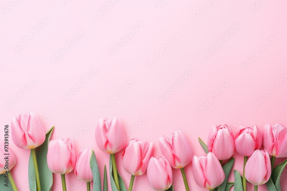 Border made of pink tulips with copy space on pastel pink background