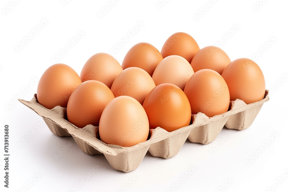 Ten fresh eggs uncooked in a carton box on a white background