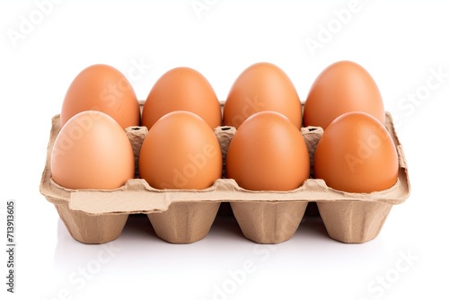 Ten brown eggs in an isolated box on a white background Fresh organic chicken eggs in a carton with room for text