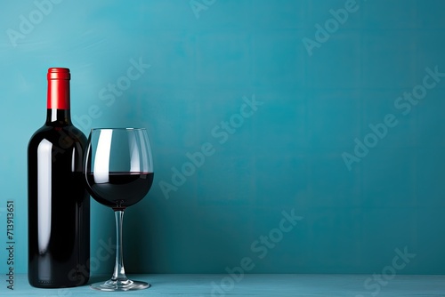 Red wine bottle and glass on blue background. Space for text.