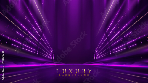 Purple stage scene with vibrant violet neon light effects and golden with bokeh. Luxury modern background. Vector illustration.