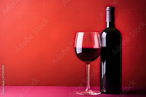 Red wine bottle and glass on red background.