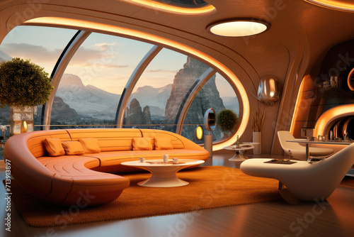 Futuristic modern living room interior with warm colors armchairs and decors