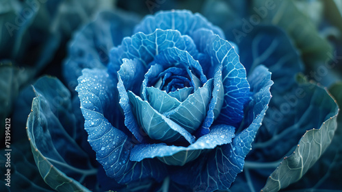 A close-up of blue cabbage with half of its leaves glossy black and the other half bright white,