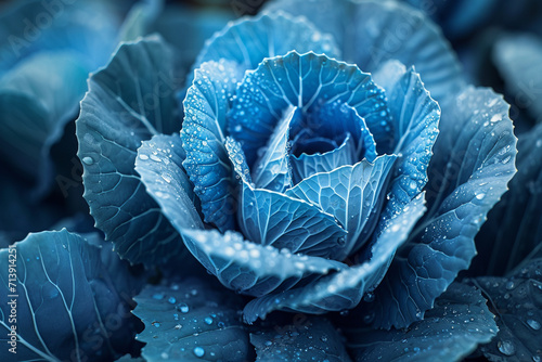 A macro shot of blue cabbage with leaves showing a marbled effect of bright cyan and dark brown,