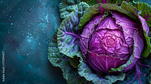 An image of a red cabbage cut, showcasing the striking contrast between the densely packed inner leaves and the looser outer ones, photo