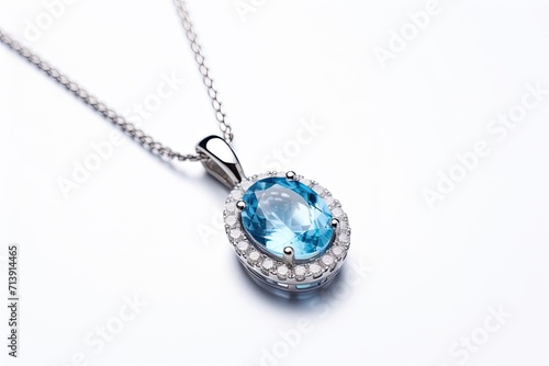 Blue Topaz and Diamond Halo pendant on chain white background