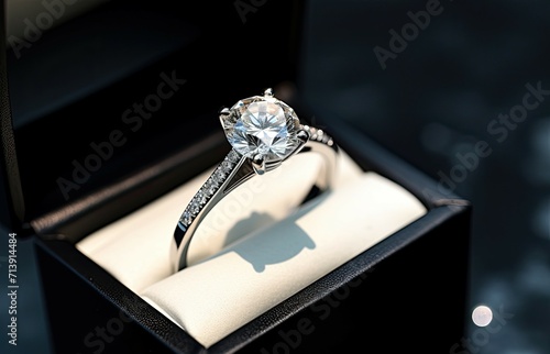 Shiny diamond ring in box with glimmer. © LimeSky