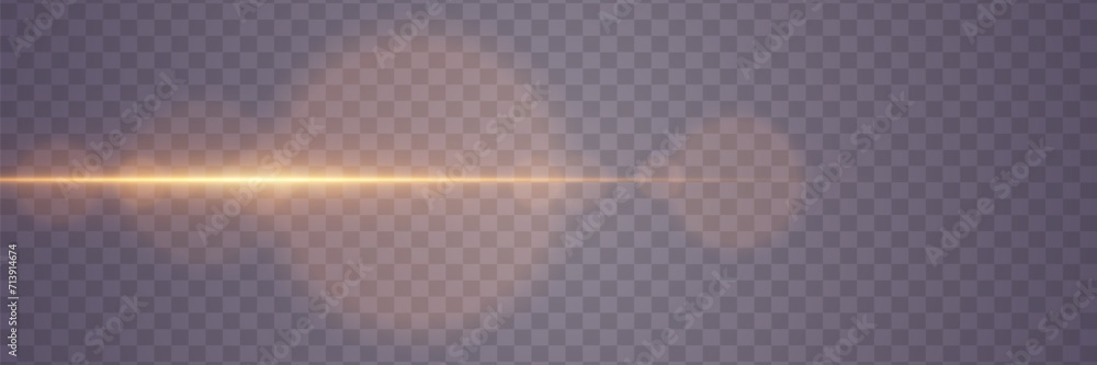 Fototapeta premium Golden horizontal glare of light. Line flash effect. On a transparent background.