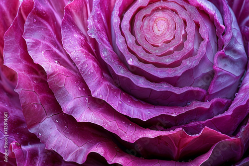 A close-up of a red cabbage cross-section, capturing the beauty of its complex, layered structure in vivid detail,