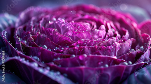 A macro shot of a red cabbage cut, focusing on the point where the dense heart transitions to the looser outer leaves, photo