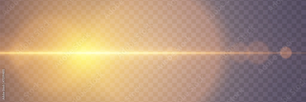 Golden horizontal glare of light. Line flash effect. On a transparent background. Golden horizontal glare of light. Line flash effect. On a transparent background.
