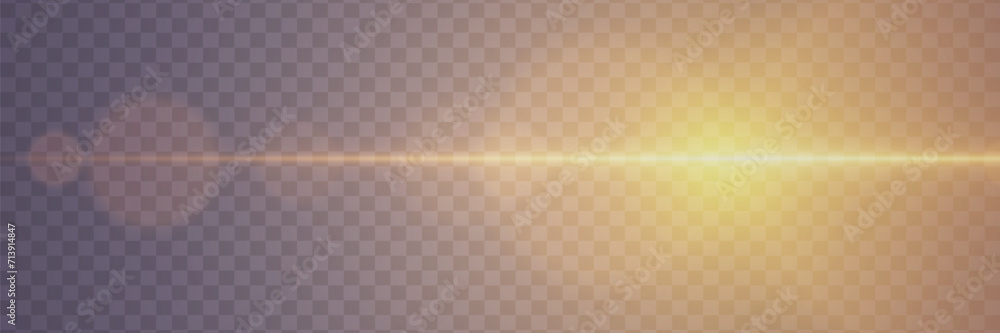 Golden horizontal glare of light. Line flash effect. On a transparent background. Golden horizontal glare of light. Line flash effect. On a transparent background.