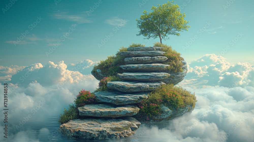 An image of a ladder with steps made of different natural elements like stone, wood, and water, ascending to the clouds, - obrazy, fototapety, plakaty 