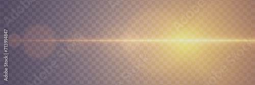 Golden horizontal glare of light. Line flash effect. On a transparent background.