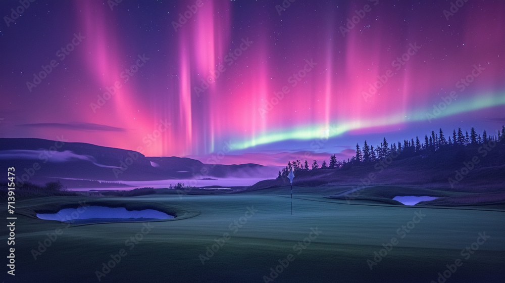 A surreal portrayal of a golf course during a surreal, colorful aurora borealis in the night sky,