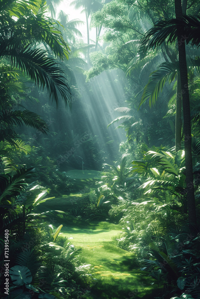 An illustration of a golf course in a dense, misty jungle, with exotic wildlife roaming the fairways, An illustration of a golf course in a dense, misty jungle, with exotic wildlife roaming the fairways,