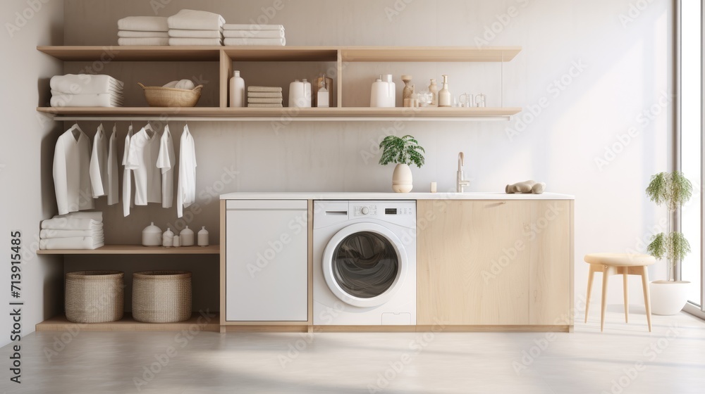 Modern and functional laundry room with washing maching, shelves and storage space Modern and functional laundry room with washing maching, shelves and storage space