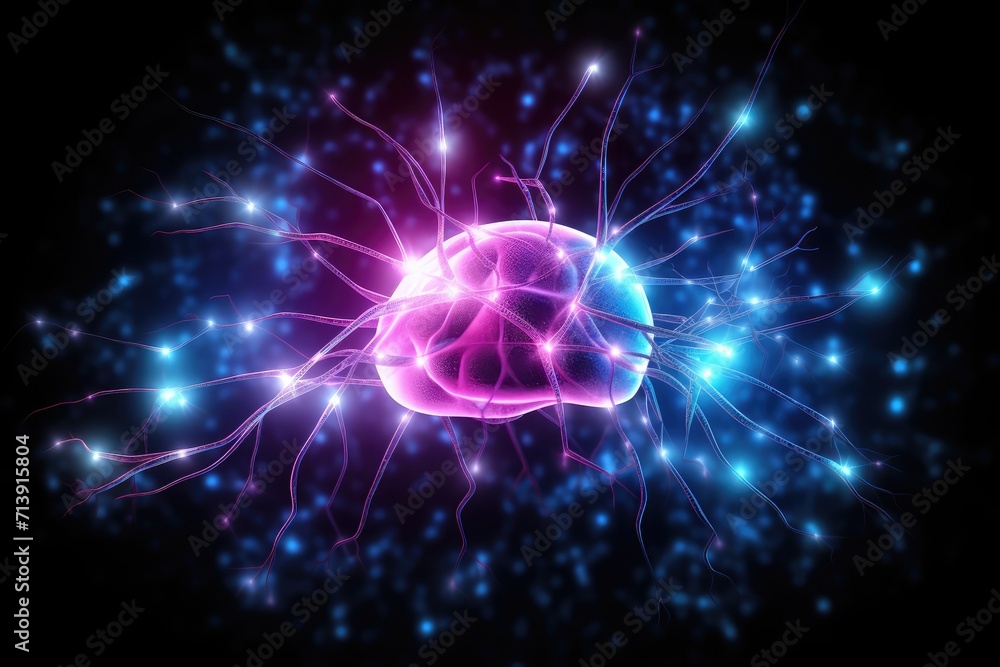 Vibrant Colored motley medical vector human mind energy lightning brain tree neurons communicating illustration. Neural Colorful Brain Nerve Cell Energy Connection, Brain Dots Pattern Neuronal Network