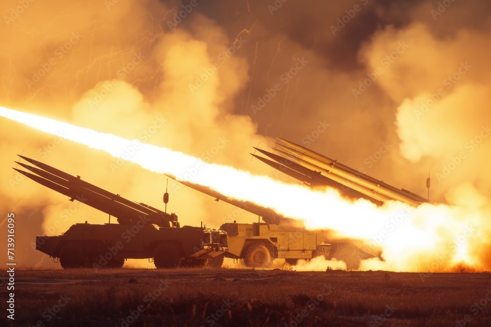 military attack On the ground, the firing of multiple-barreled rocket ...