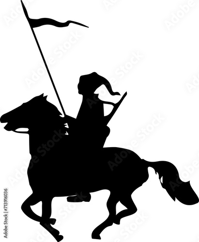 Ukrainian Cossack warrior with a banner on horseback. Black silhouette. Vector.