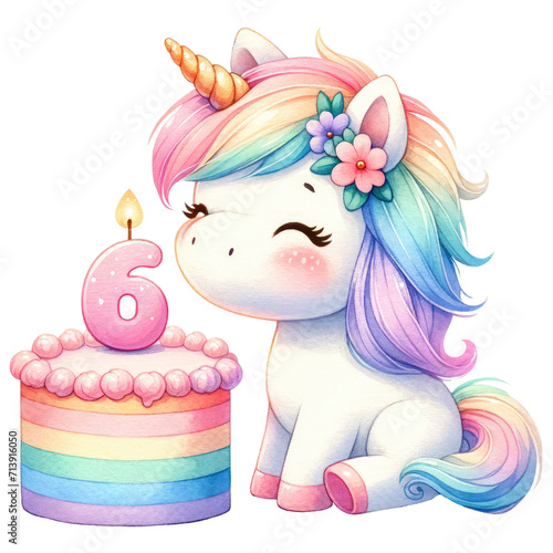 Rainbow unicorn cake with pink bow for birthday party