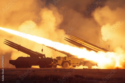 military attack On the ground, the firing of multiple-barreled rocket systems artillery rocket system photo