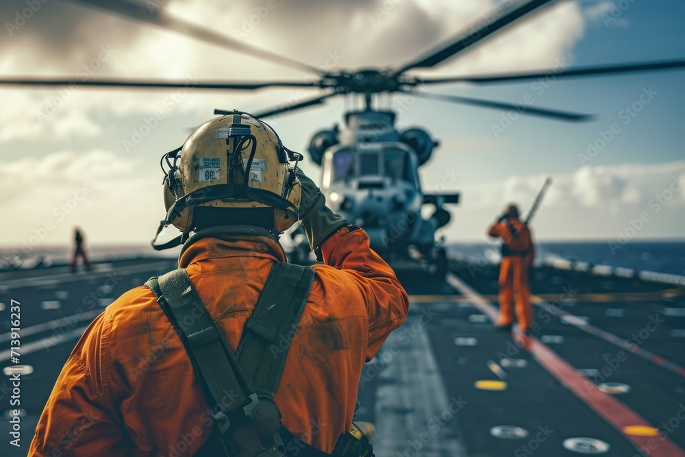 A signaller sends a signal to an anti-submarine helicopter on the flight deck of an air combat aircraft carrier. A signaller sends a signal to an anti-submarine helicopter on the flight deck of an air combat aircraft carrier.