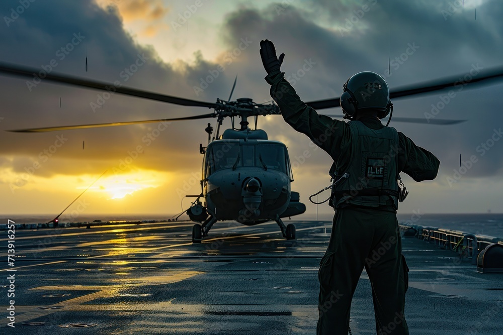 A signaller sends a signal to an anti-submarine helicopter on the flight deck of an air combat aircraft carrier. A signaller sends a signal to an anti-submarine helicopter on the flight deck of an air combat aircraft carrier.